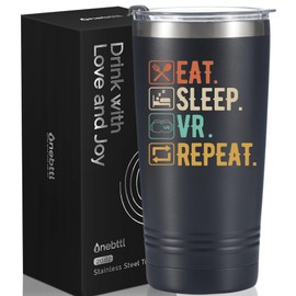 Onebttl VR Lovers Gifts, Funny Gifts for VR Gamers, Gifts for Virtual Reality Lovers, 20oz Stainless Steel Black Insulated Tumbler with Lid & Straw, Black - Eat Sleep VR Repeat