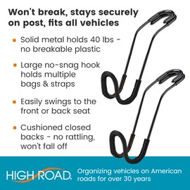 High Road Car Hooks for Purses and Bags with Leather Trim - Unbreakable Car Seat Hooks for Large Purse Straps and Heavy Bags up to 40 lbs - Secure Attachment Loops Fit All Headrest Posts, 2-Pack