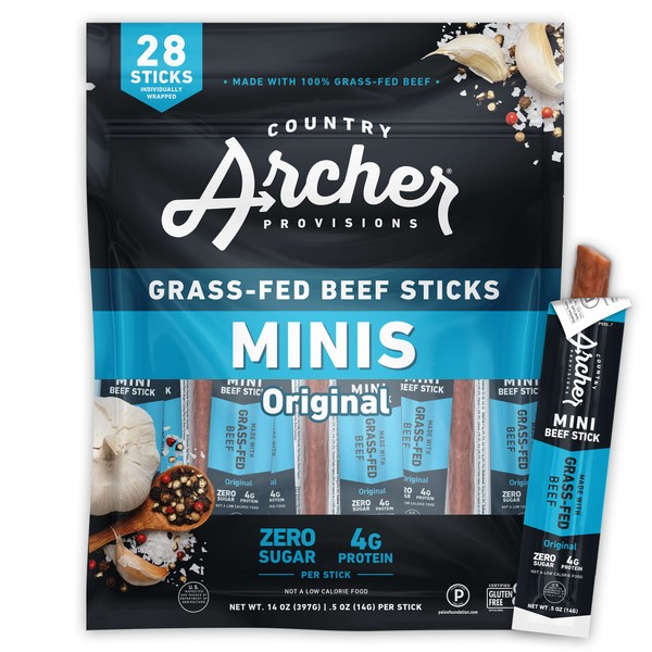 Original Mini Jerky Beef Sticks by Country Archer, 100% Grass-Fed, Gluten Free, High Protein Snacks, 5 Ounce, 28 Count