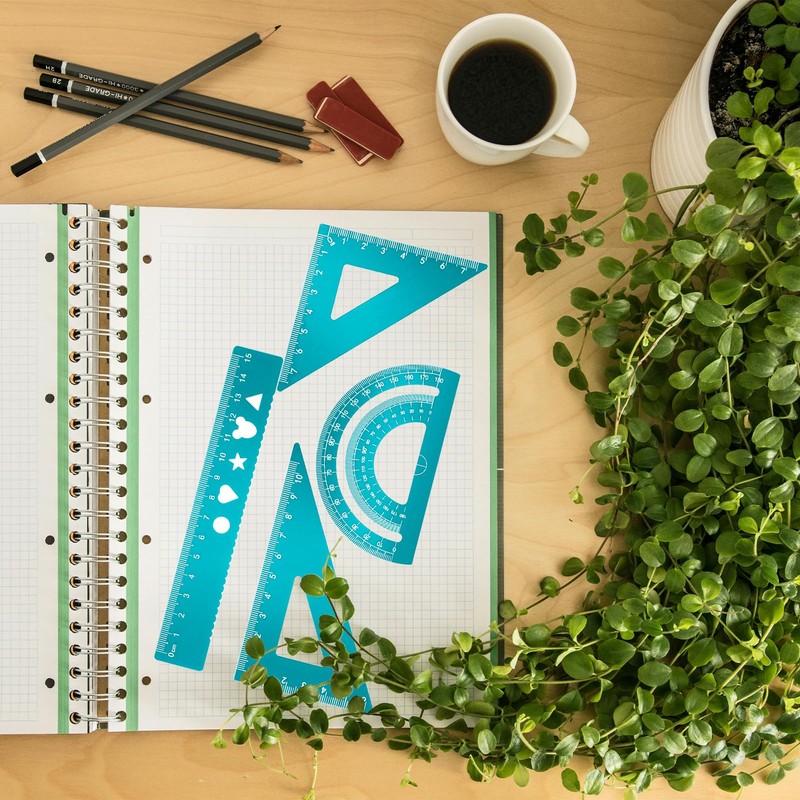 8Pcs Black & Green Maths Protractor Set, Triangle Rulers Metal