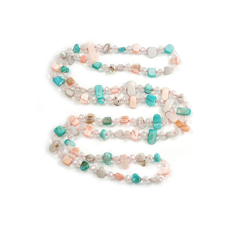 Avalaya Pastel Pink/Teal/Off White Shell Nugget and Transparent Glass Bead