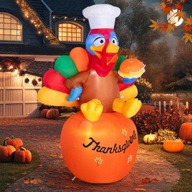 6 FT Inflatables Turkey for Thanksgiving Outdoor Decoration, Chef Turkey Holding Hamburger Sitting on Pumpkin, LED Lighted Blow Up, Thanksgiving Yard Decor for Party