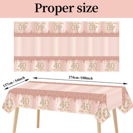 3 Pack 40th Birthday Tablecloth Decorations for Women, Pink Rose Gold Happy 40 Birthday Theme Table Cover Party Supplies, Forty Year Old Birthday Plastic Disposable Rectangular Table Cloth Decor