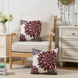 Jayusaror Cushion Cover 50 x 50 cm Red and Grey Dahlia Summer Sofa Cushion Autumn Decorative Cushion Cover Flowers Outdoor Cushion Cover for Couch Sofa Living Room Cushion Covers, Set of 2