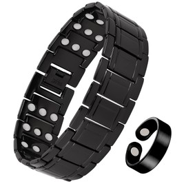 Feraco 3X Copper Bracelets for Men & Copper Rings Magnetic Bracelet with 3 Row Neodymium Magnets Adjustable Length, Christmas Jewelry Gifts for Men, Black&Ring