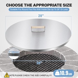 Permade Fire Pit Lid Cover Round - 28" Stainless Steel Rust Resistant Firepit Cover or Table with A Wooden Handle for Patio Fire Pit, Weatherproof for All Seasons, Fits Fire Pits Up to 26"