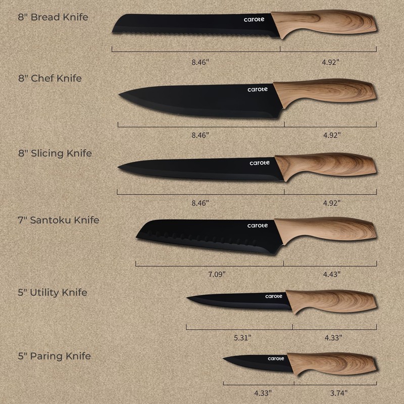 CAROTE 12PCS Knife Set, Kitchen Knife Set with Safe Guards,