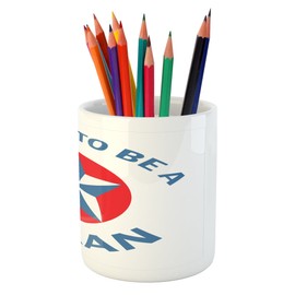 Ambesonne Texas Star Pencil Pen Holder, Proud to be a Texan Words with Star Motif in Circle Patriotic Message, Printed Ceramic Pencil Pen Holder for Desk Office Accessory, Blue and Vermilion