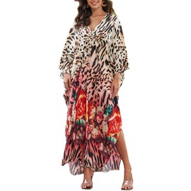 Orshoy Womens Beachwear Coverups Kaftan Dress Loose Bathing Suit Bikini Cover Ups Maxi Caftan Tunic Free Size Leopard Flower