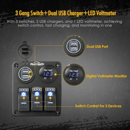Partsam Panel de interruptor basculante de 3 bandas de 12 V-24 V, impermeable, interruptor de palanca marina, panel de encendido y apagado de aluminio con 2 cargadores USB, visualización de voltímetro LED, para coche, barco, yate, camión, remolque, RV, S