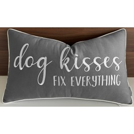 Rudransha Dog Kisses Fix Everything Embroidered Lumbar Accent Throw Pillowcase - Gift for Pet Lover, Home Decor - 12x20 Inches, Dark Grey