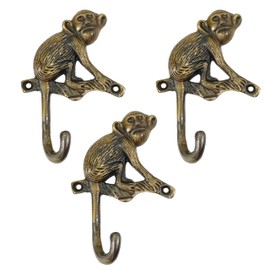 AYZCORP Set of 3 Cast Iron Monkey Shape Coat Hooks Wall Art Decor-Monkey Shape Hangers and Key Holder-Clothes Rack and Backpack Hanger-Coat Hooks Home Decor for Storage,Living Room (Antique Finish)