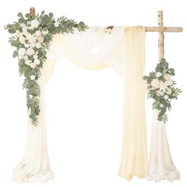 WEIERYUE Deluxe White Artificial Wedding Arch Flowers with Drapes Kit-Pack of 5, 2pcs Flower Arrangements 3pcs Hanging Sheer Drapes White Ceremony Arbor Reception Backdrop Rose Floral Decorations.