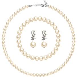 Aurelema 3 Pcs 1920s Faux Pearl Strand Costume Jewelry Sets Simulated Pearl Necklace Bracelet Earrings for Women(8 mm,Beige)