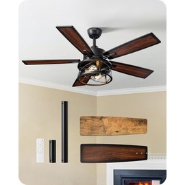 EDISHINE 42“ Farmhouse Ceiling Fans with Lights and Remote, 10%-100% Dimmable, 6 Speeds, Wood Blades, DC Reversible Motor, Timer, Noiseless, Small Rustic Ceiling Fan for Bedroom Living Room, UL Listed