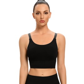 ANGOOL Sports Bra Women's Strong Hold Push Up Adjustable Shoulder Strap Sports Bustier Women's Padded Seamless Ribbed Sports Bras Without Underwire Jogging Yoga Fitness, black