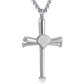 Cross Necklace,Baseball Bats Athletes Cross Pendant Sports Number Or Initial Necklaces Gifts for Men Women Teen Boys Girls(Silver,02)
