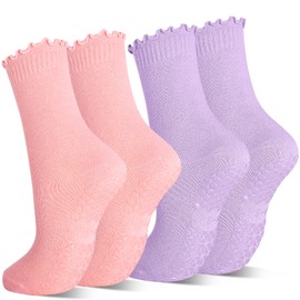 ARERWA Non Slip Yoga Socks Women Pilates Socks Anti Skid Socks 2 Pairs for Lady Home Workout Barre Ballet Dance UK 4-7(purple+pink)