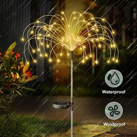 Solar Garden Lights, Firework Lights Outdoor 2 Pack 150 LED Solar Waterproof Decorative Lights Landscape Lamp 12 Hours Working Time, Decor for Courtyard Garden Christmas Party (Warm Yellow)