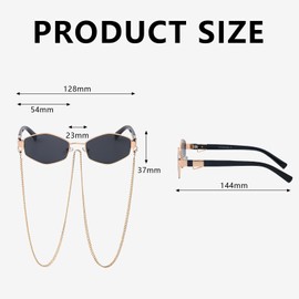Oiieco Retro Metal Frame Hexagon Sunglasses with Chain Gold, Ladies Luxury Hexagon Eyewear Uv400, Sunglasses Womens Polarised Retro Design