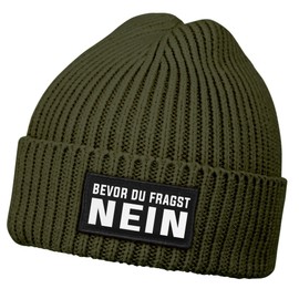 MoonWorks® Men's Beanie with Patch Knitted Hat with Saying "Bevor du Fragst - No" Print Funny Hat Men, olive