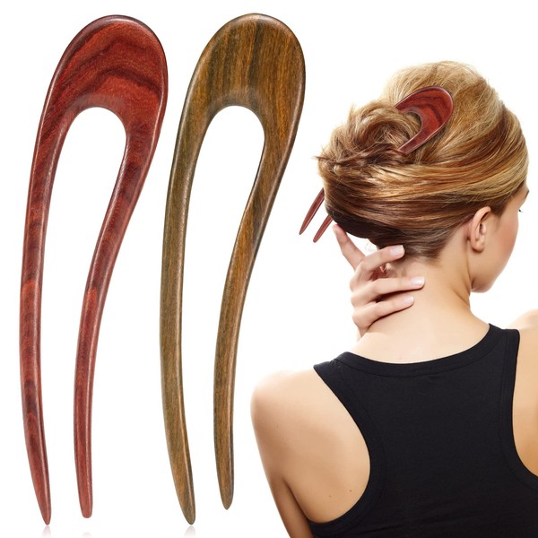 Noverlife 2 x French U-shaped sandalwood hair pins, fine carved handmade wooden hair sticks, double pretentious hair forks, retro hair clips for buns, chignon updo hairstyle, red-green
