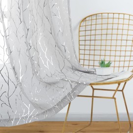 Kotile White Net Curtains for Bedroom - Metallic Silver Foil Tree Branch Printed Sheer Curtains Eyelet Top Soft Voile Curtain 2 Panels for Nursery Room, 66 x 54 Inch Drop, 1 Pair