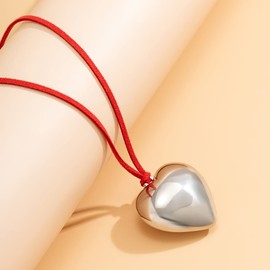 Simple Big Heart Pendant Adjustable Colorful Velvet Chain Meatl Heart Necklaces Y2K Trendy Chunky Puffy Heart Choker Jewelry Accessories for Women-Red