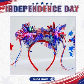 Coridy Light up Independence Day Headbands for Women Sparkling Stars Head Boppers Blue White Red Sequin Hair Accessories (B-Flag)