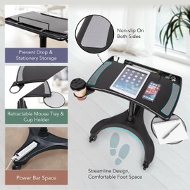 EHO Mobile Laptop Standing Desk Carts on Wheels with Stationery Storage, Pneumatic, Height Adjustable Rolling Stand, Sit to Stand Computer Cart, Workstation for Home, Office, Medical and School