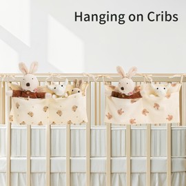 Hanging Storage Bags for Crib, 2-Pack Diaper Bag Organizers Crib Baby Nappy Bags Cribs Accessories for Bed Playpen, Bunk Organizing Bag Muslin Bedside Pockets for Milk Bottle/Toy/Diaper (Bear & Bunny)