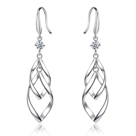Double Twisted Linear Swirl Drop Statement Earrings with CZ, 925 Sterling Silver Dangle Earrings, Hypoallergenic Infinity Earrings for Women (Linear Twist with CZ)