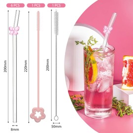 AuraFusion Glasstrohhalme mit Motiv – 6 Pieces Pink Ribbon Straws + 2 Cleaning Brushes, Reusable Drinking Straws for Party & Everyday Use