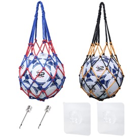 PFLYPF Pack of 2 Ball Net Bags, with 2 Ball Pump Needles and 2 Hooks, Portable Braided Rope Bag for Ball, Ball Braided Rope Net Bag, Large Rope Tennis Bag Ball Bag