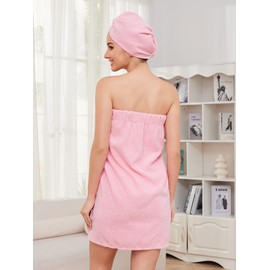 Rosyline Women Bath Towel Wrap Adjustable Closure Bathrobe With Hair Towel Pink L