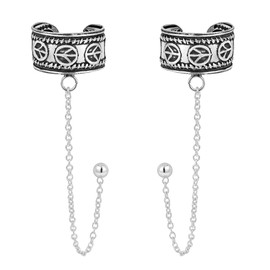 AeraVida Hippie Peace Sign Chain Ear Cuff .925 Sterling Silver Post Earrings | Boho Cuff Earrign for Women | Coachella Accessories