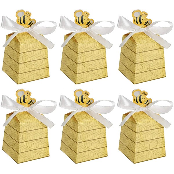 KUPOO 50 PCS Bumble Bee Candy Boxes Beehive Gift Box with Ribbons Baby Favors Candy Boxes for Baby Shower Birthday Decorations