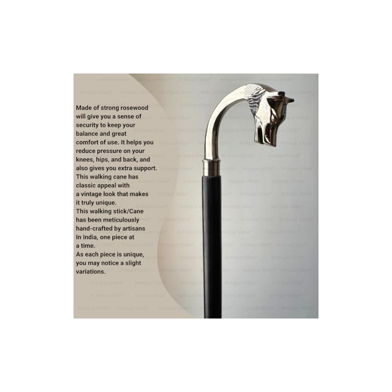 Wooden Walking Cane with Wolf Head Handle, Black Wood and