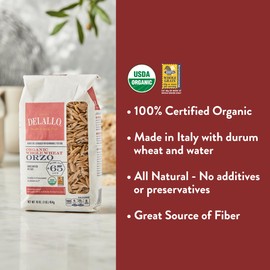 DeLallo DeLallo Whole Wheat Orzo Pasta, 1 Pound Bag, 4 Pack, Organic, 100% Durum Wheat Flour, Made in Italy, High Protein