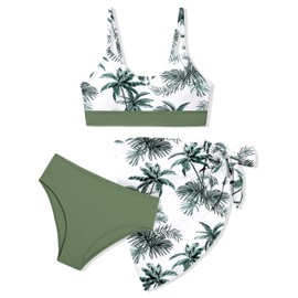 Girls Swimsuit Size 9 Size 10 V Neck Adjustable Straps Green Palm Bikini Set with Cover Up Skirt 3Pcs Set Bathing Suit for Teen Girls Size 10-12