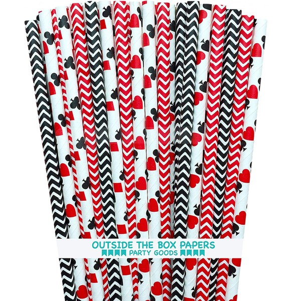 Casino Night Theme Chevron and Card Design Paper Straws - Red Black White - 7.75 Inches - Pack of 100 - Outside the Box Papers Brand