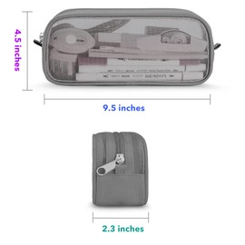 MESA Grid Mesh Pencil Case for Girls and Boys, Pen Holder with Zipper for Kids, Teens Portable Desk Organizer Pencil Pouch for School & Stationery Supplies (Gray)