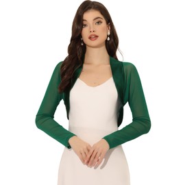 Allegra K Women's St. Patrick's Day Costumes Satin Shrugs Elegant Mesh Panel Sleeve Open Front Party Crop Cardigan Dark Green XL