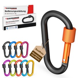 RAVN HAMAN 10 x Screw Carabiner – Colourful – Carabiner with Screw Cap up to 30 kg – Carabiner Hook for Indoor and Outdoor Use – Hooks for Hammock, Punch Bag, Decoration etc.