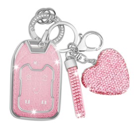 FT FUNTOR for Chevy Key fob Cover with Diamond Keychain Soft TPU Full Protection car Key Cover fit for GMC Suburban Tahoe Silverado Terrain Yukon Sierra Smart Key Holder 6-Button (Silver Trim-Pink)