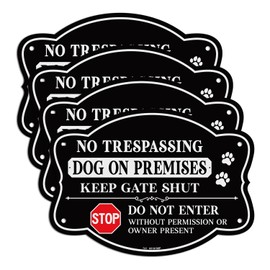 T&R No Trespassing Dog On Premises Sign Keep Gate Shut Do Not Enter Sign - 4 Pack - 9.5 x 6.8 Inches Rust Free .040 Aluminum Reflective - UV Protected, Waterproof, Weatherproof and Fade Resistant - 4 Pre-drilled Holes