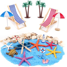 WINKIO Pack of 21 Miniature Decorative Mini Furniture Accessories, Miniature Beach Chair, Mini Lounger Chair, Beach Chair, Parasol, Small Palm Tree Deck Chair, Real Starfish for DIY, Zen Garden