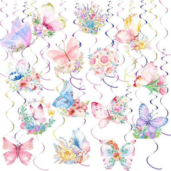 35 Pcs Butterfly Hanging Swirl Decor,15 Set Watercolor Purple Pink Butterfly Flower Swirls Foil Ceiling Streamers for Girls Baby Shower Birthday Summer Themed Wedding Party Supplies Decoration (Pink)
