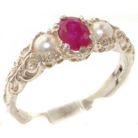 LetsBuyGold 925 Sterling Silver Real Genuine Ruby and Cultured Pearl Womens Anniversary Ring - Size 8