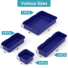 10 PCS Drawer Organizer Set, 4 Size Makeup Drawer Divider Organizer With Non-Slip Pads, Interlocking Plastic Storage Bins for Office,Jewelry Vanity,Gadgets, Bathroom,Kitchen, Navy